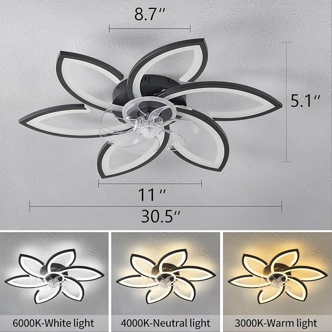 Dalouguan Ceiling Fan with Lights Remote Control, 30" Black Flower 6 Speeds 3 Light Color Low Profile Flush Mount Ceiling Fan for Kitchen Bedroom