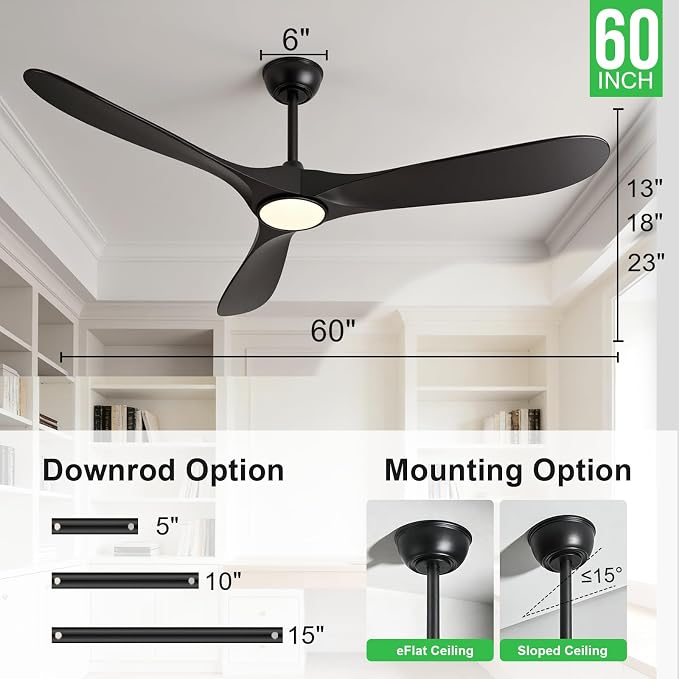 60 Inch Ceiling Fans with Lights and Remote, Wood Outdoor Ceiling Fan with 6 Speed Noiseless DC Motor, Indoor Modern 3 Blade Propeller Ceiling Fan for Bedroom Living Room Gazebo Patio (Black)