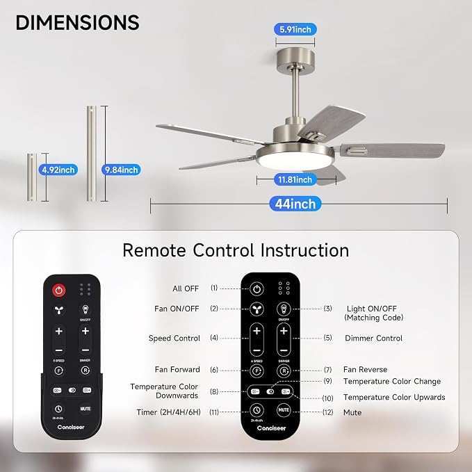 44 Inch Ceiling Fans with Lights and Remote for Bedroom Living Room Kitchen Office, Indoor/Outdoor Use, 5CCT Dimmable, Dual Color 5 Blades, 6 Speed Reversible Quiet DC Motor, Sand-nickel/Wood Grain
