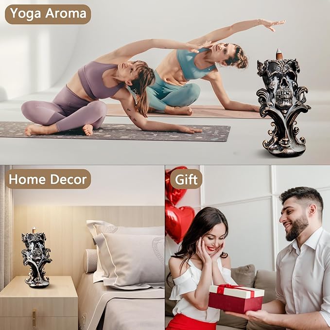 Comeon Backflow Incense Holder Burner Resin Skull Incense Burner Waterfall Incense Burner Home Decor + 20 Backflow Incense Cones + 30 Incense Sticks +1 Tweezer +1 Mat（Metallic Gold）