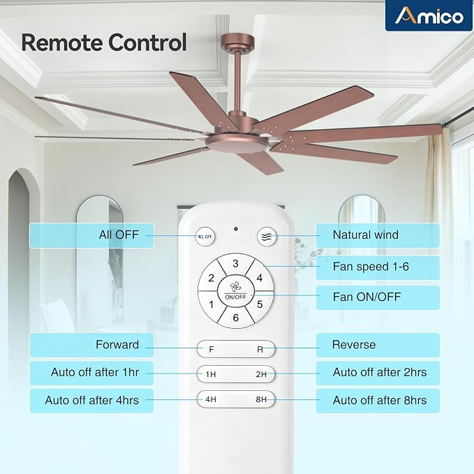 Amico 72 Inch Outdoor Ceiling Fan No Light with Remote, Large Brown Ceiling Fan Without Light, Quiet Reversible DC Motor, 6 Speeds, Timer, 8 Blades for Living Room, Covered Patio, Porch, Garage