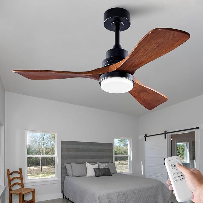 42 Inch Black Ceiling Fans with Lights and Remote,Dimmable LED Light,Quite Reversible DC Motor,Memory Function,Modern Solid Wood Indoor Outdoor Ceiling Fan with Light for Office Patios