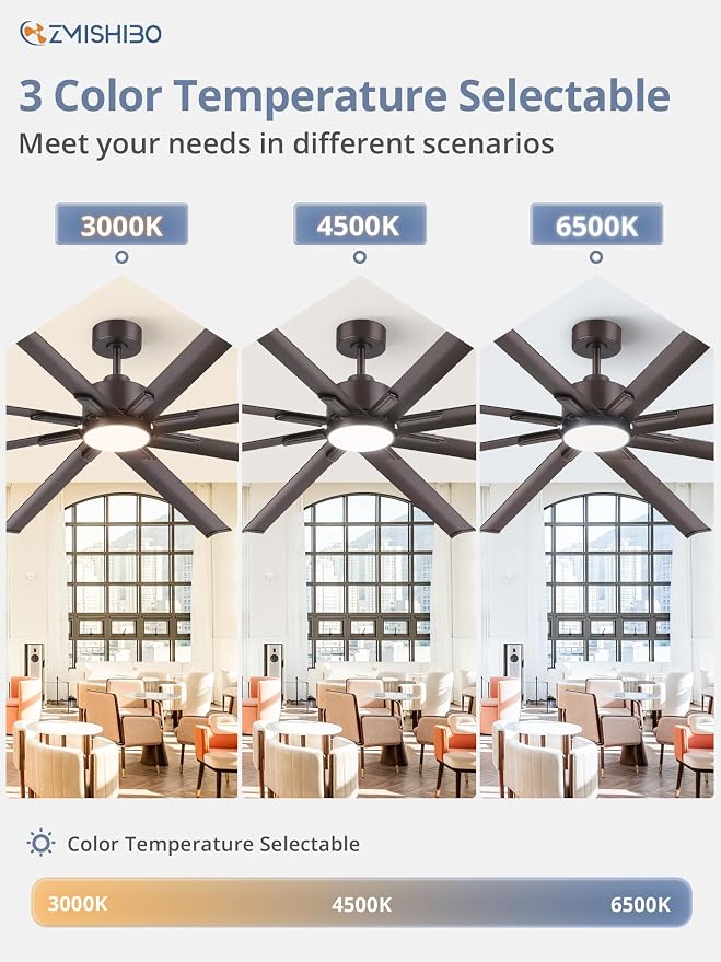 ZMISHIBO 84" Industrial Ceiling Fans with Lights, Large Ceiling Fan with 3CCT, 8 Reverisble Aluminum Blades, Quiet DC Motor, 6-Speed, Indoor/Outdoor Ceiling Fans for Patios/Garage/Porch, Oil-bronze