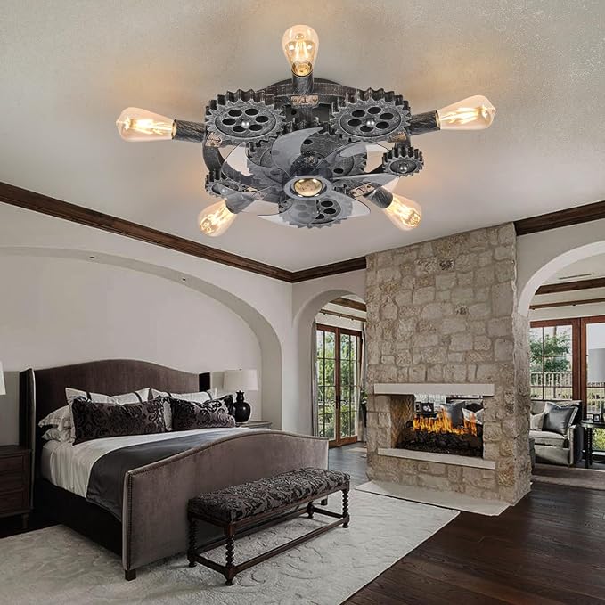 20" Retro Industrial Steampunk Ceiling Fans with Lights and Remote,Low Profile Flush Mount Bladeless Ceiling Fan with Light,Nautical Style 6 Speeds for Bedroom Kitchen Island Bar Cafe