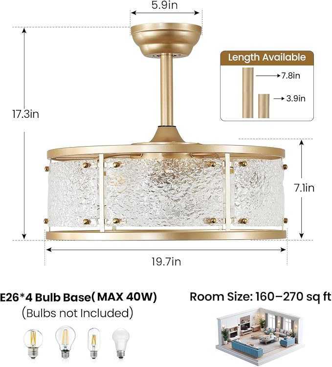 AIJIASI 20" Caged Ceiling Fans with Lights, Gold Fandelier Ceiling Fan with Light, Mid Century Chandelier Ceiling Fan with Remote Control, 6 Speeds for Bedroom, Nursery, Living Room