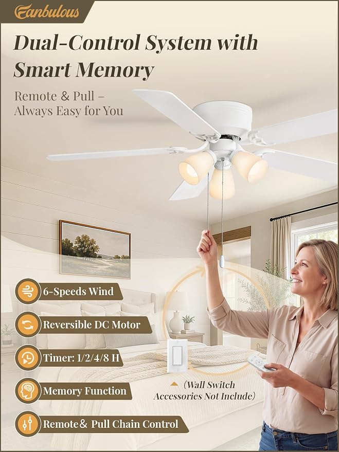 Fanbulous 52" Modern Ceiling Fan with 3 Lights, Remote & Pull Chain Control | DC Quiet Motor, 6-Speed Timer, Shatterproof PP Shades, Low Profile Flush Mount for Bedroom, Living Room, Kitchen, White