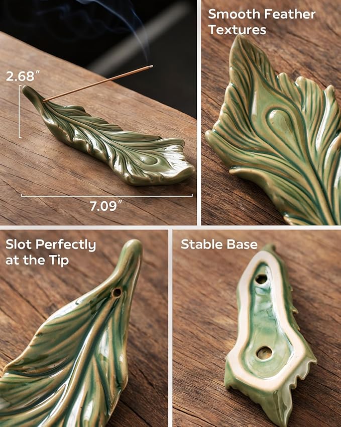 Phoenix Feather Incense Stick Holder with Ash Catcher - Handmade Ceramic Lucky Incense Burner for Meditation, Yoga, and Home Decor