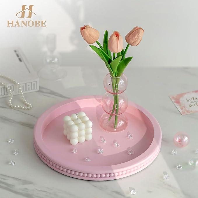 Hanobe Pink Round Decorative Tray with Beaded Edge | Durable paulownia wood, for displaying perfumes, candles, or jewelry on a dresser, coffee table, vanity, bathroom counter.