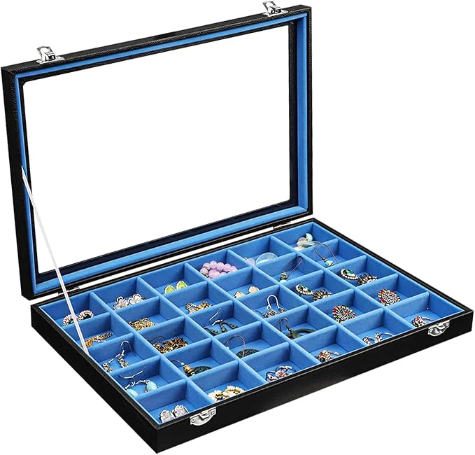 Stratalife 30 Grid Earring Organizer, Jewelry Holder Organizer with Lid | PU Leather Storage Box for Earring, Ring, Studs and Trinkets, Soft Velvet Drawer Organizer for Women, Dustproof, Blue Black