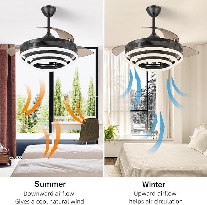 FIDGRA 42 Inch Retractable Ceiling Fan, Chandelier Ceiling Fans with Lights, Silent DC Motor, 6 Speeds, 3 Color Changing for Bedroom Living Room (Black)