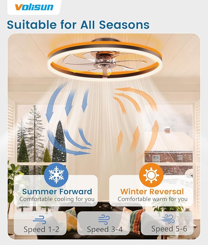 VOLISUN RGB Ceiling Fan with Lights and Remote, 23.6in Low Profile Ceiling Fan Flush Mount, 3000K-6500K Dimmable Fandelier LED Fan Light, Black Bladeless Ceilings Fans for Bedroom