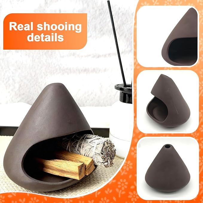 Ceramic Palo Santo Holder Incense Burner Aromatherapy Stove Mountain Fireplace Aromatherapy Stove Sage Cedar Peru Sacred Wood Cone Fireplace for Home Decor（ Purple Clay Black）