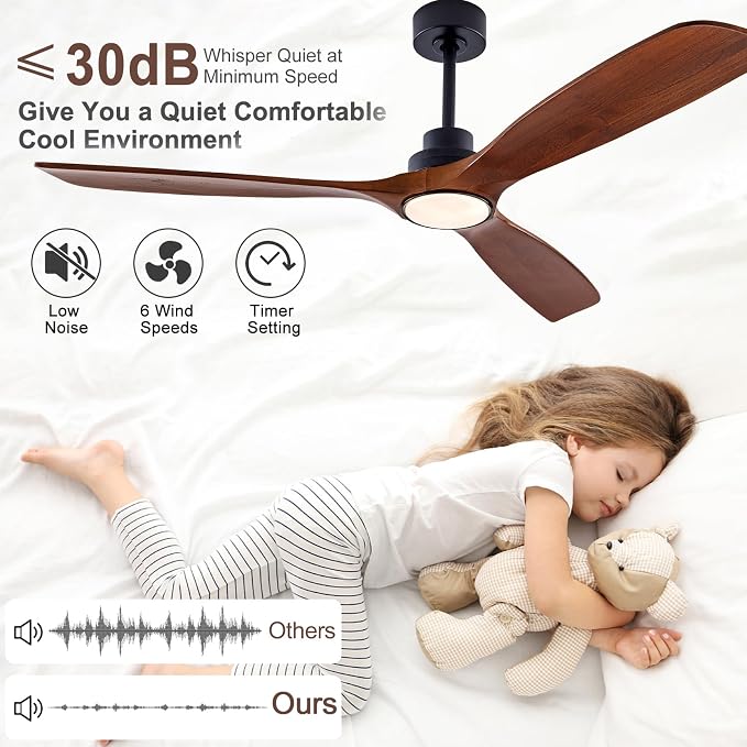 QUTWOB 60" Wood Ceiling Fan with Light, Reversible DC Motor, Remote Control | solid wood blades, quiet 6-speed reversible dc inverter motor, remote control, 3-color led, for indoor outdoor patio bedroom
