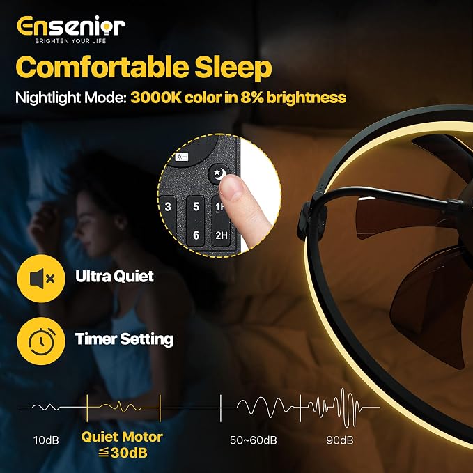 Ensenior Ceiling Fans with Lights and Remote, 20'' Low Profile Ceiling Fan Flush Mount, APP Control, 6 Speed, 3CCT, Quiet Reversible DC Motor, Dimmable Modern Ceiling Fan with Light for Bedroom, Black