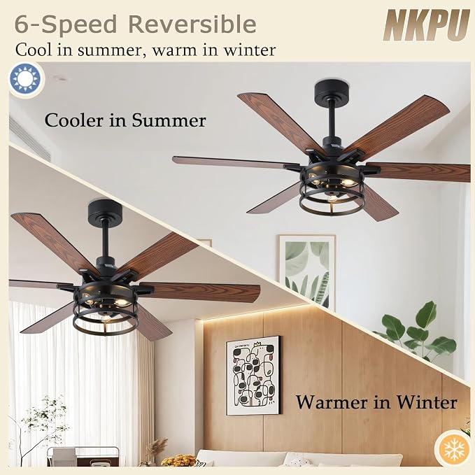 NKPU 52 Inch Farmhouse Ceiling Fan with Light and Remote, Brown Industrial Caged Rustic Ceiling Fan with 6 Speed Reversible Motor and Dual Finish 6 Blades, Rustic Ceiling Fan for Living
