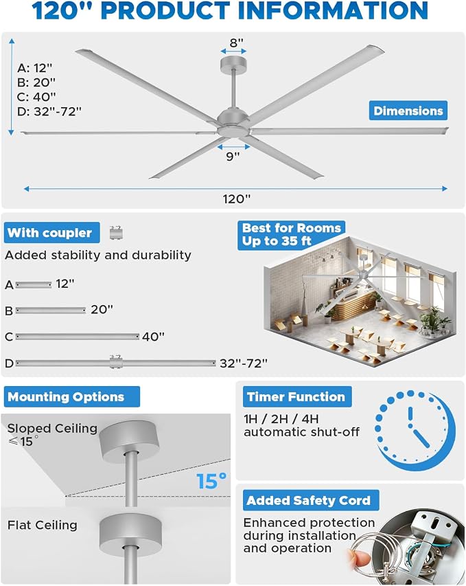 [HVLS] 120 Inch Industrial Ceiling Fan, Big Assed Fan, Extra Large Commercial Ceiling Fan with 8 Aluminum Blades, Remote Control, Powerful Reversible DC Motor for Warehouse, Shop, Garage