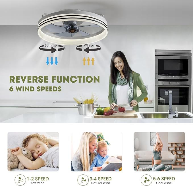 LUDOMIDE Ceiling Fans with Lights, Flush Mount Ceiling Fan with Lights and Remote, 6 Wind Speeds Smart Low Profile Ceiling Fan for Bedroom, Dining Room and Kitchen 20" (White)
