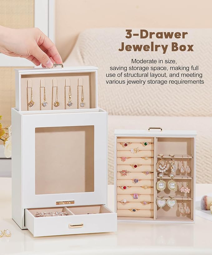 Homde Display Jewelry Box for Girls: Starter Organizer with Clear Window | Vertical Drawers for Earrings Rings Necklaces - Compact Footprint Fits Small Vanities - Birthday&Graduation Gift for Teens