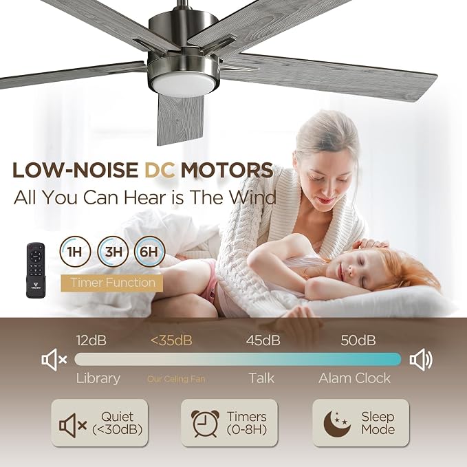 52 Inch Ceiling Fan Brushed Nickel Remote Controlled Dimmable Light Combo - Quiet Reversible - 5 Grey Blades