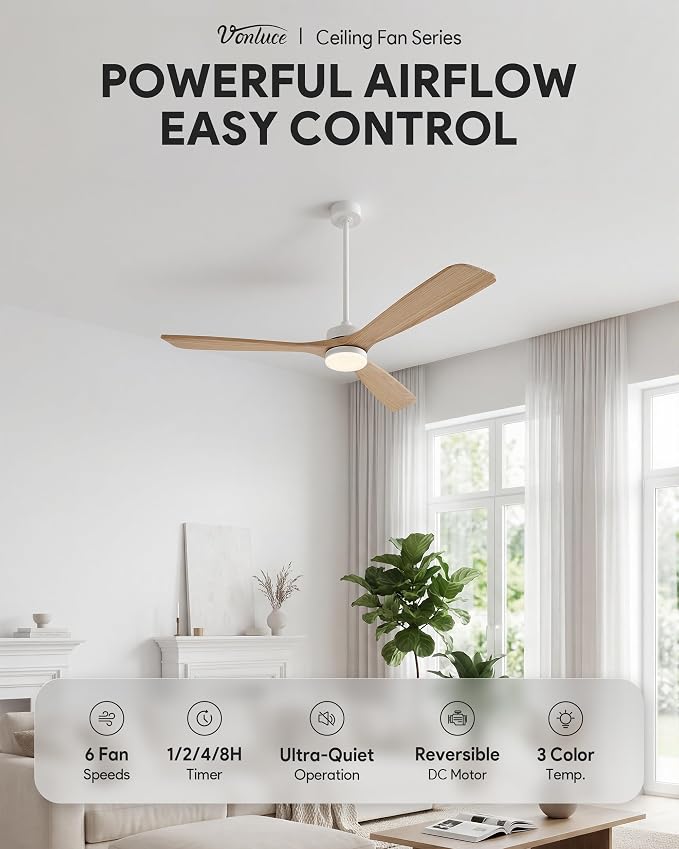 VONLUCE Wood Ceiling Fan with Lights, 60 Inch Ceiling Fan and Remote, 6 Speed Reversible Noiseless DC Motor, 3CCT, Solid Wood Outdoor Ceiling Fan for Patios Farmhouse, White