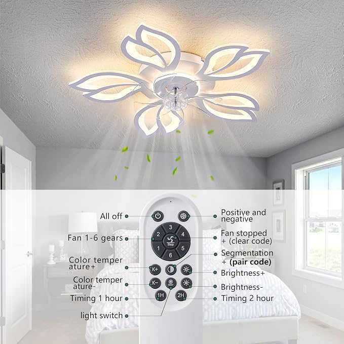 Modern Ceiling Fans with Lights, Low Profile Ceiling Fan with Remote for Bedroom, Flush Mount Ceiling Fan with LED Dimmable Light,3-Colors, 6-Speeds, Timing CeilingFan Light-White Leaves