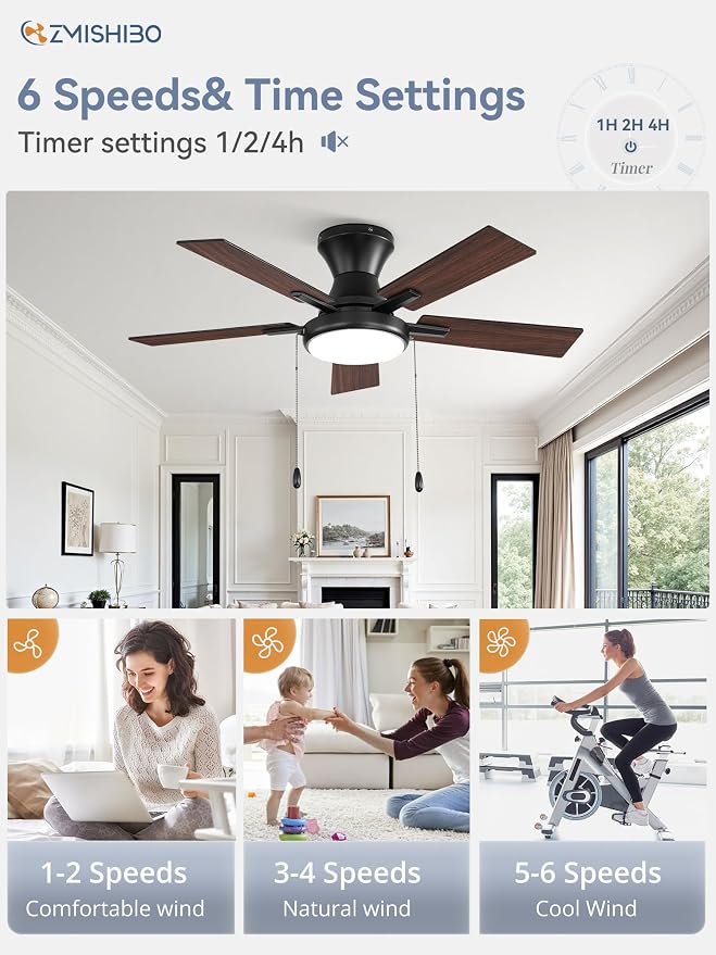ZMISHIBO Ceiling Fans with Lights, Low Profile Ceiling Fan with Pull Chain and Remote Control, Flush Mount, Reversible, Dimmable, Noiseless, White Pull Cord Ceiling Fan for Bedroom(42inch Black)