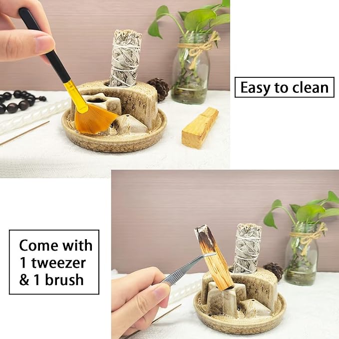 Palo Santo Stick Holder,Ceramic Sage Holder for Burning,4 in 1 Incense and Candle Holder,Ash Catcher Tray for Meditation Yoga Room Speckled White