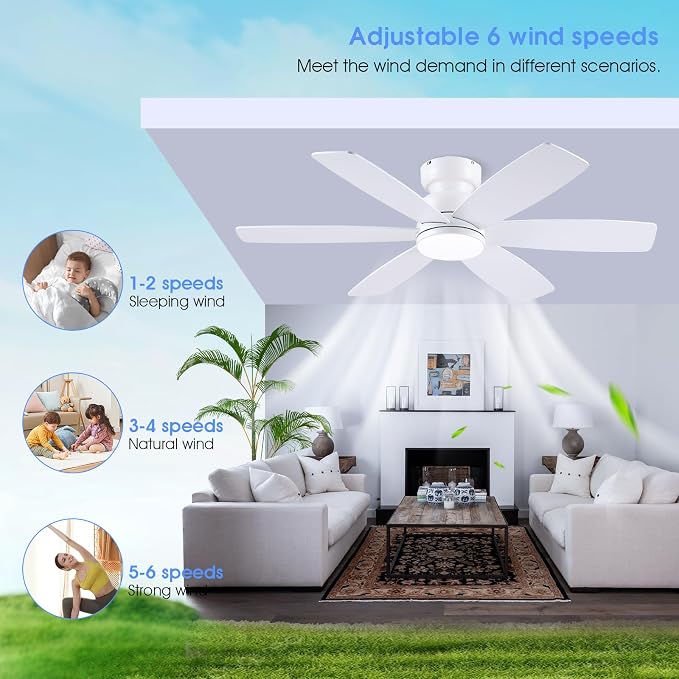Kviflon 46 inch Ceiling Fans with Lights and Remote/APP Control, Low Profile Ceiling Fan with Light, Flush Mount, 3CCT, 6 Reversible Blades 6 Speeds Modern Ceiling Fan for Bedroom Living Room, White