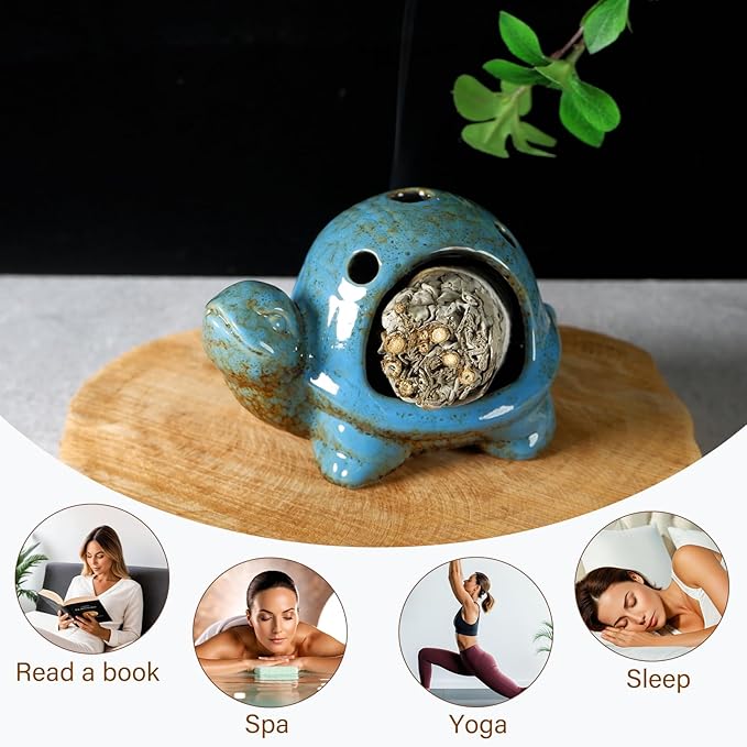 MOUGIGI Blue Ceramic Turtle Palo Santo Burner - Mini Chiminea, Burns Palo Santo、Sage、Incense Cones, Doubles as Small Candle Holder for Energy Cleansing、Yoga、Meditation、Zen、Altar Aromatherapy