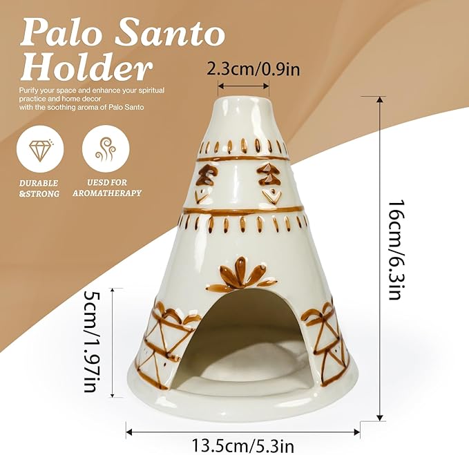 MOUGIGI Handcrafted Palo Santo Holder Ceramic Chimney Incense Burner - Tent Shape - Safe for Palo Santo Sticks Sage & Incense Cones for Meditation Yoga Zen Altar Aromatherapy - Thoughtful Gift Idea