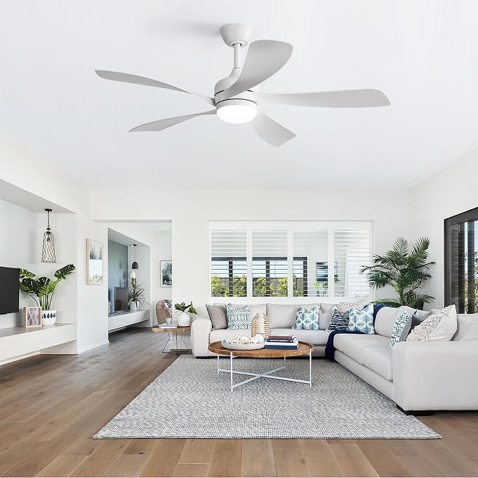 CACI Mall 52 inch White Ceiling Fans with Lights, Remote Control, Low Profile, Modern, Outdoor Ceiling Fan with with 5 Blades, Quiet Reversible DC Motor for Living Room, Bedroom, Patios