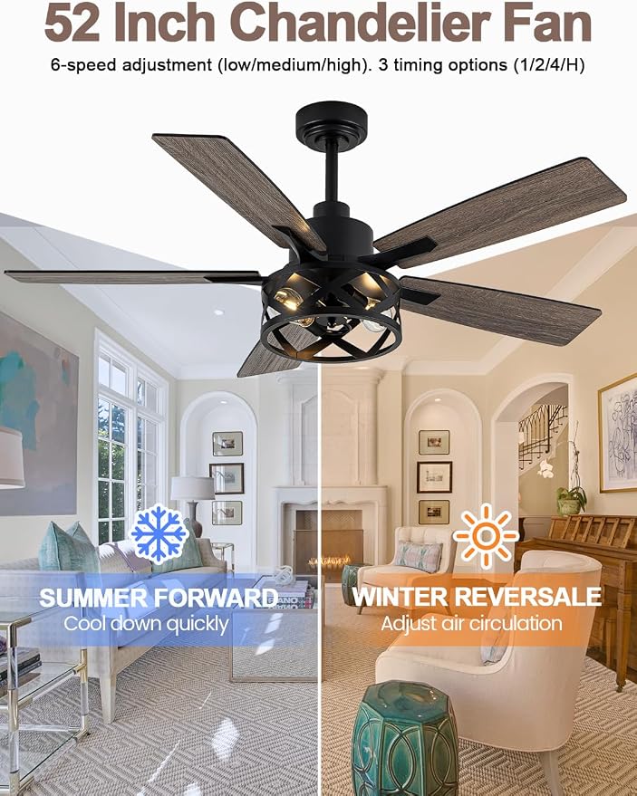 52 Inch Farmhouse Ceiling Fan with Light and Remote Industrial Ceiling Fan Quiet and Reversible DC Motor Rustic Caged Chandelier Fan for Living Room Bedroom Patio