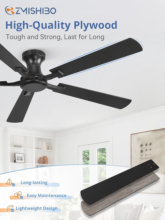 ZMISHIBO 60 Inch Ceiling Fan No Light, Flush Mount Low Profile, Modern Black Ceiling Fan Without Light, Remote Control & Quiet DC Motor, for Indoor&Outdoor, Bedroom, Living Room