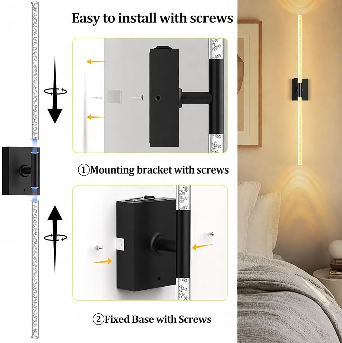 iThird Crystal Bubble Wall Sconces Set of 2: 10000mAh Rechargeable Wireless Lights with Remote & 360° Rotate, 4 Color Temps Dimmable, 31.5" Wall Lamp for Bedroom Living Room Mirror, Black