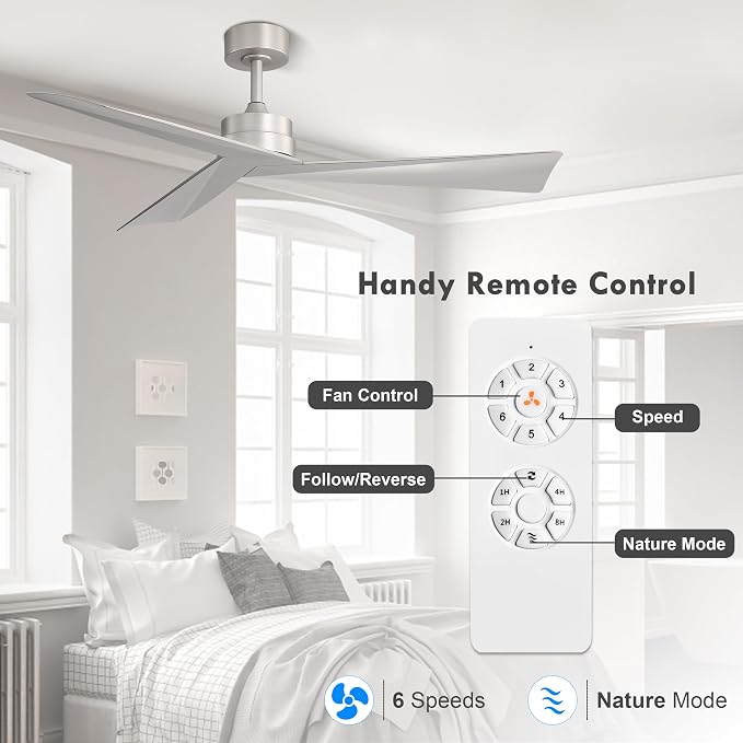 WINGBO 52" DC Ceiling Fan without Lights, Bruhsed Nickel Ceiling Fan with Remote, 3 ABS Plastic Blades, 6 Speed Reversible DC Motor, Ceiling Fans No Light for Kitchen Bedroom Living Room