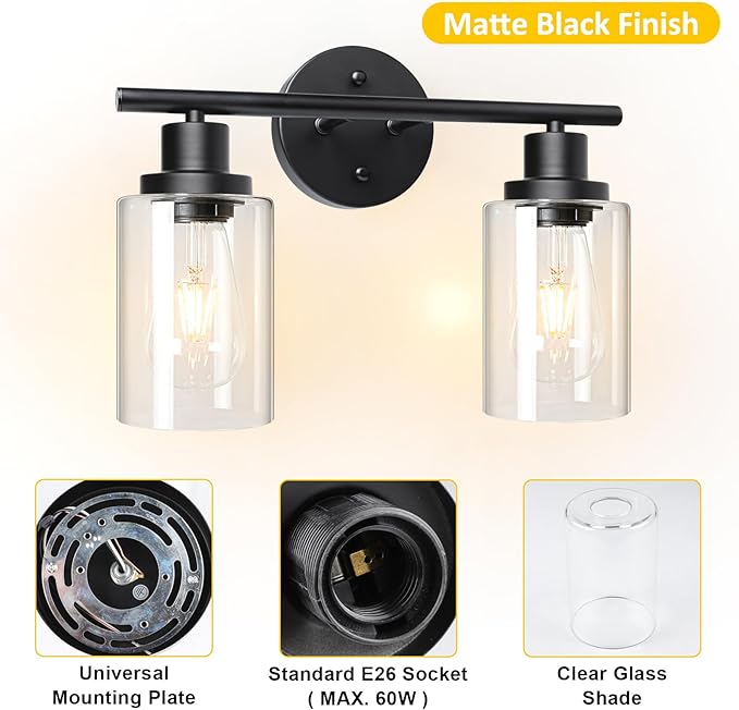 Unicozin 2 Light Vanity Lights, Black Wall Sconce Light with Clear Glass, Bathroom Light Fixtures, Wall Lights for Mirror, Living Room, Bedroom, Hallway, E26 Base (Bulbs Not Included)