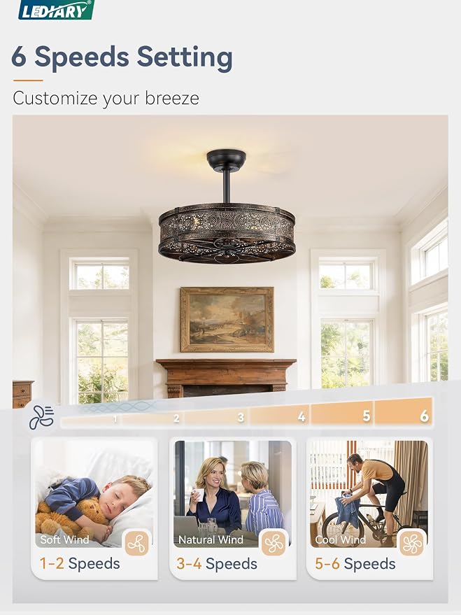 LEDIARY Farmhouse Chandelier Ceiling Fan with Light,20 Inch Black Gold Caged Enclosed Bladeless Fan Lights Ceiling Fixtures,Vintage Victorian Rustic Fandelier for Indoor,Kitchen,Bedroom,Living Room