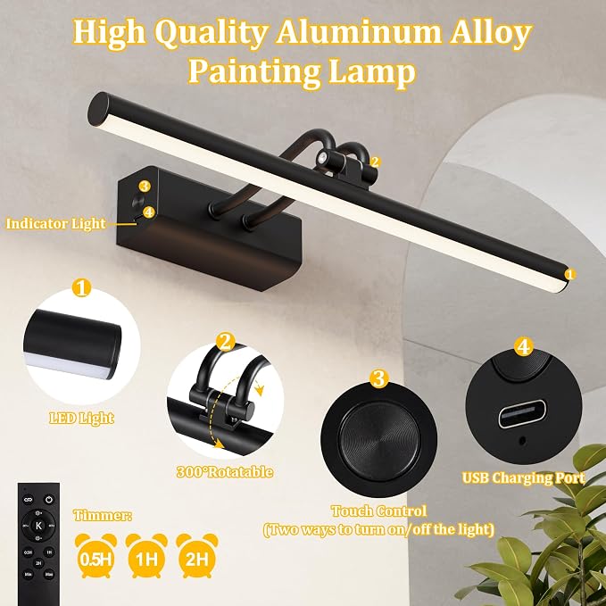 Battery Operated Wall Light for Living Room Picture Light for Wall Set of 2, 4000 mAh, 14'' Dimmable Art Painting Light, Remote Control, Display for Gallery, Living Room, Bedroom (Black)