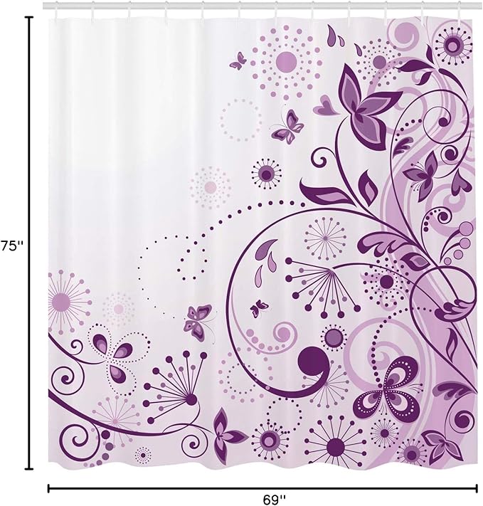 Ambesonne Mauve Shower Curtain, Curved Flower Leaf Ornate Blooming Branches Romantic Love Print, Cloth Fabric Bathroom Decor Set with Hooks, 69" W x 75" L, Violet Lilac