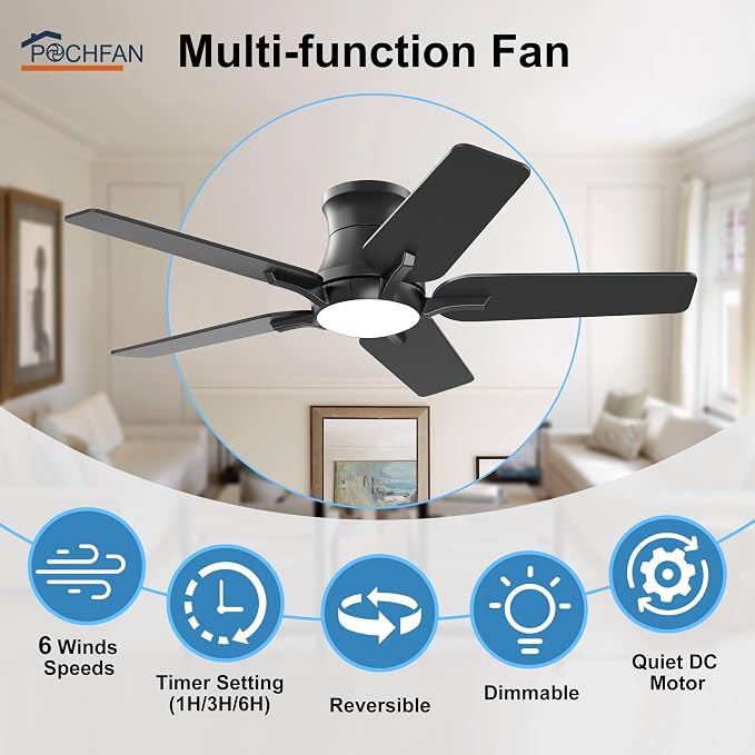 POCHFAN 42 Inch Black Ceiling Fans with Lights and Remote, Flush Mount Low Profile Ceiling Fan for Bedroom, Living Room, Patio, Dimmable 6 Speeds Noiseless Reversible, ETL Listed