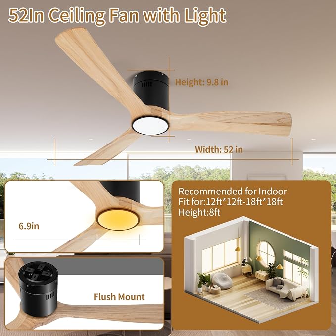 52inch Ceiling Fan with Lights,Flush Mount Wood Ceiling Fans with Remote Control,Dimmable Light,Noiseless DC Motor,Ceiling Fan for Bedroom,Living Room,Office,Indoor