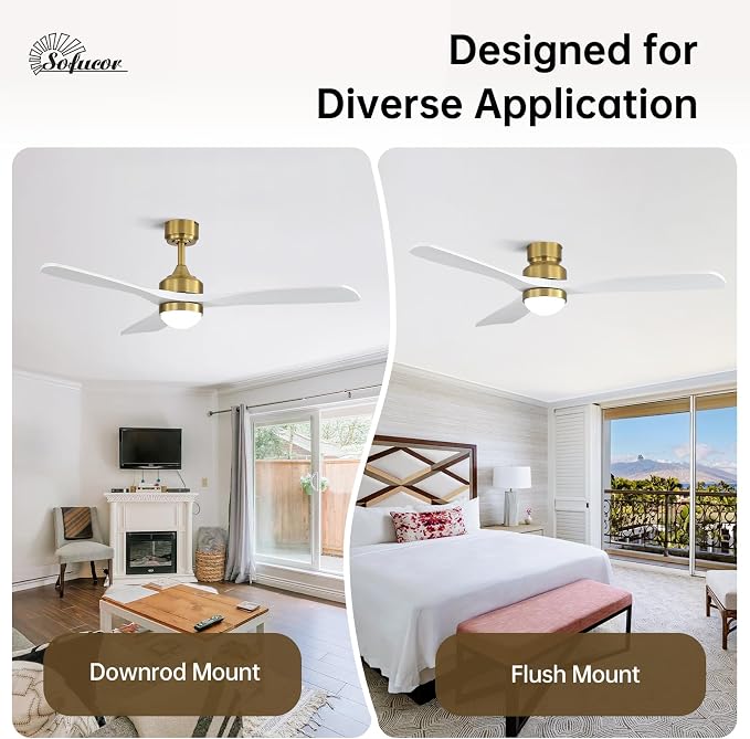 Sofucor 52" Solid Wood Ceiling Fan Lights, Flush Mount & Downrod Mount Ceiling Fan with Lights and Remote, Wood Blades Modern Outdoor Ceiling Fans for Bedroom/Farmhouse/Patio/Indoor