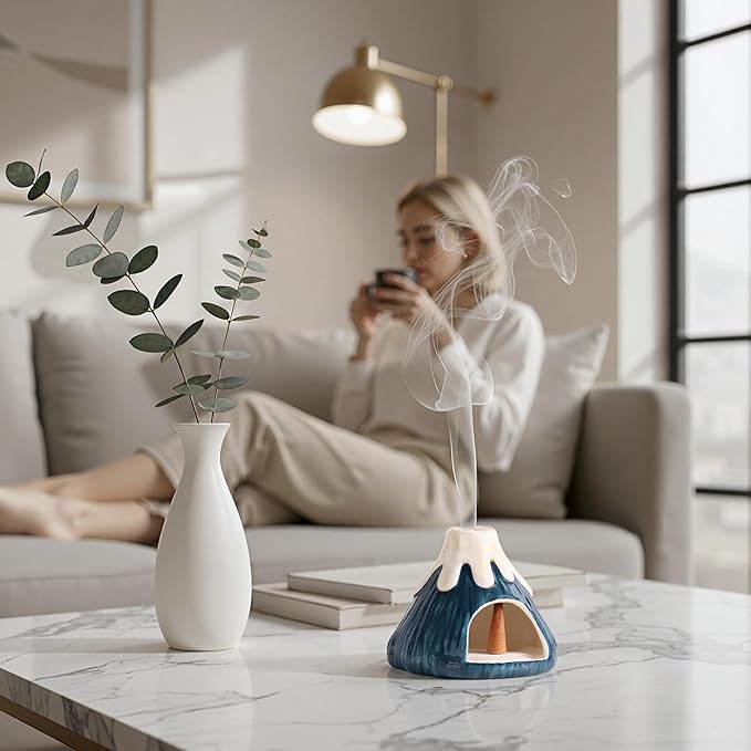 Potiera Small Volcano Incense Holder, Handmade Ceramic Palo Santo Holder for Meditation Spa Yoga Decor, Backflow and Cone Incense Burner for Home and Office Decor, Spiritual Gifts for Women Men