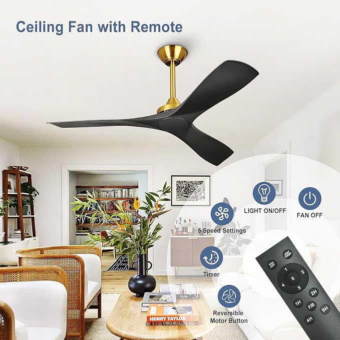 Modern Ceiling Fan with Remote: Black and Gold Ceiling Fans 3 Blades - 52 Inch Ceiling Fan No Light for Covered Outdoor Living Room Bedroom