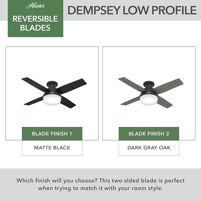 Hunter Dempsey, Indoor, Ceiling Fan, Modern, Quiet, 44 inch, Matte Black | with LED Light and Remote Control, Low Profile Mount, 4 Blades, For Bedroom, Living Room, Kitchen, 52390