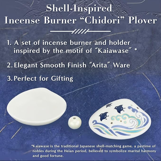 Hasegawa Shell Incense Dish & Holder Set: Heian-Inspired Kaiawase Motif - White with Blue Waves, Pearl-Like Incense Holder - Ideal Gift, Doubles as Decor - Porcelain