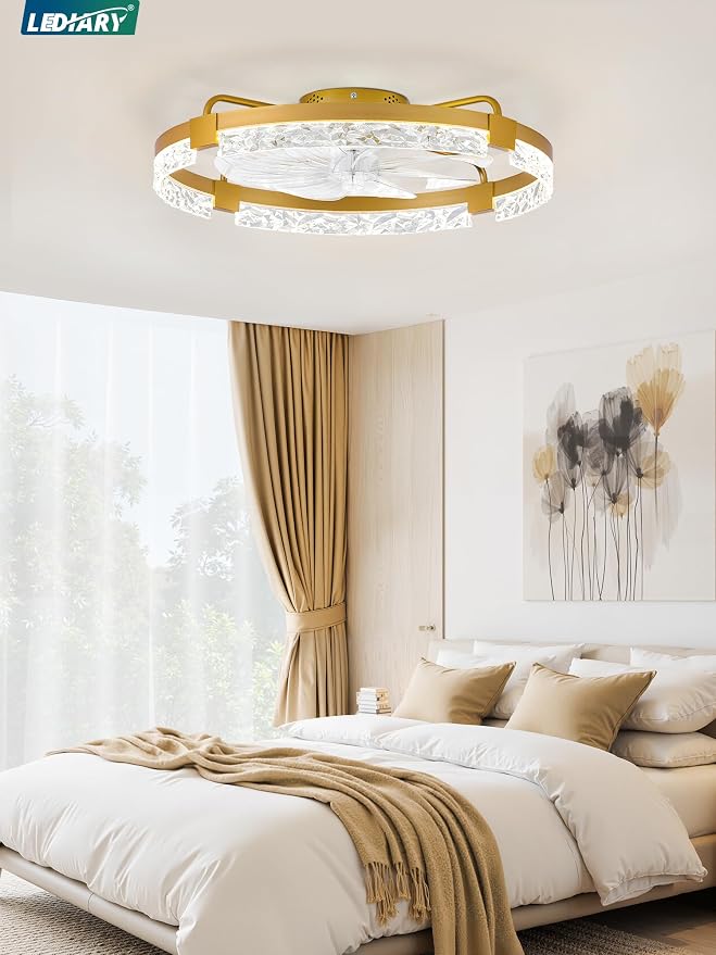 LEDIARY 24 Inch Low Profile Ceiling Fans with Lights and Remote, Flush Mount Fandelier Ceiling Fan, 3000K-6000K Dimmable LED Fan Light, Gold Modern Ceiling Fans with Lights for Bedroom