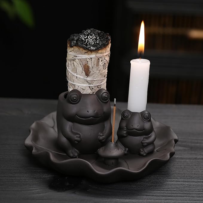 ChangWanna Multifunction 4 in 1 Frog Incense Holder, Palo Santo Holder, Sage Holder, Ceramic Incense Stick Holder for Burning - Cute Ash Catcher Tray for Yoga/Meditation/Home Room Office Decor, Black