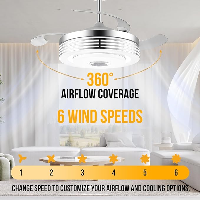 42" Modern RGB Ceiling Fan with Lights and Bluetooth Music Speaker,Color Change Motor Retractable Fandelier Ceiling Fan with Light and APP/Remote,6 Speed Silent Chandelier Fan for Bedroom Living Room