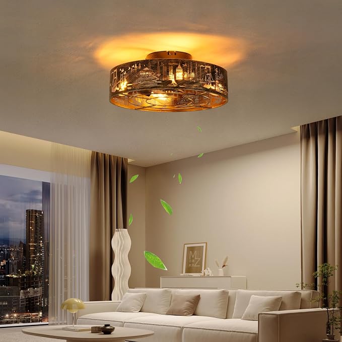 Caged Ceiling Fans with Lights Flush Mount,Low Profile Ceiling Fan with Remote,20 Inch Farmhouse Bronze Fan for Bedroom,6 Speeds Reversible Enclosed Fandalier Ceiling Fan with Bulb
